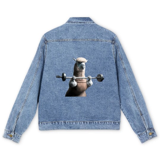 Lama in the gym - lifting weights Men's Denim Jackets