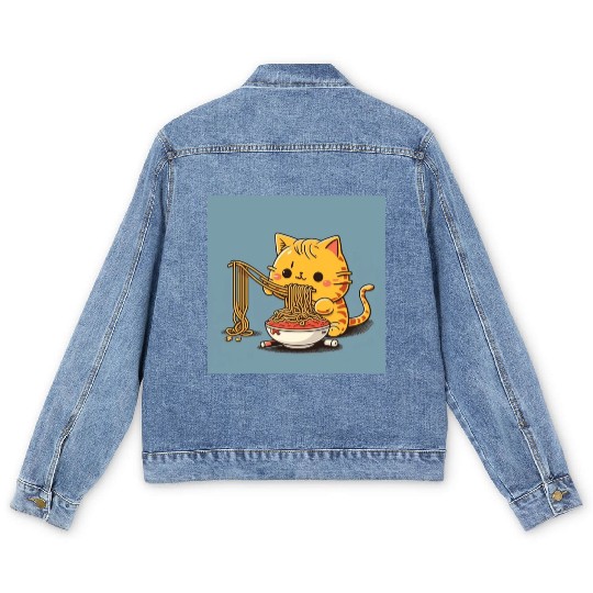 Japanese cat eating spaghetti Men's Denim Jackets