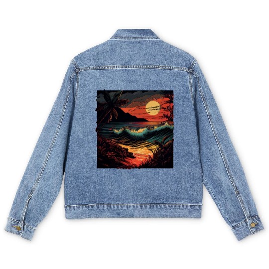 Vibrant Beach Sunset Design - Colorful Paradise Men's Denim Jackets