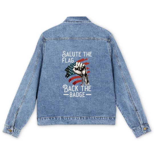 Salute The Flag Back The Badge Cop Law Enforcement Men's Denim Jackets