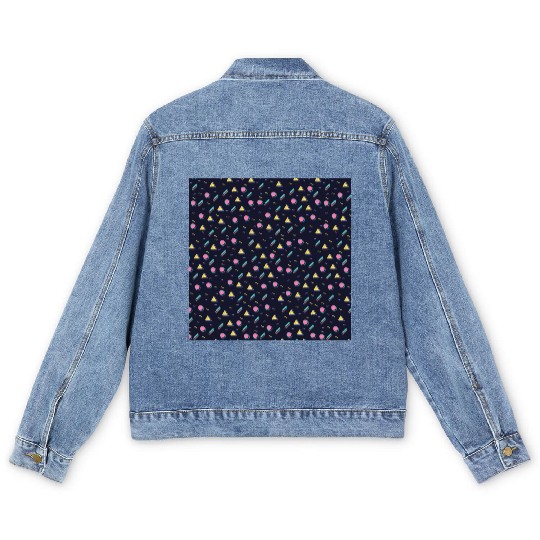 90s Navy + CMYK Bus Seat Retro Geometric Pattern Men's Denim Jackets