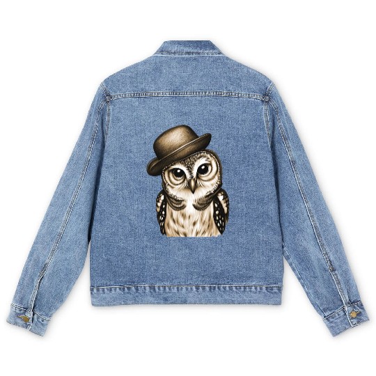 owl wearing derby hat - brown color Men's Denim Jackets