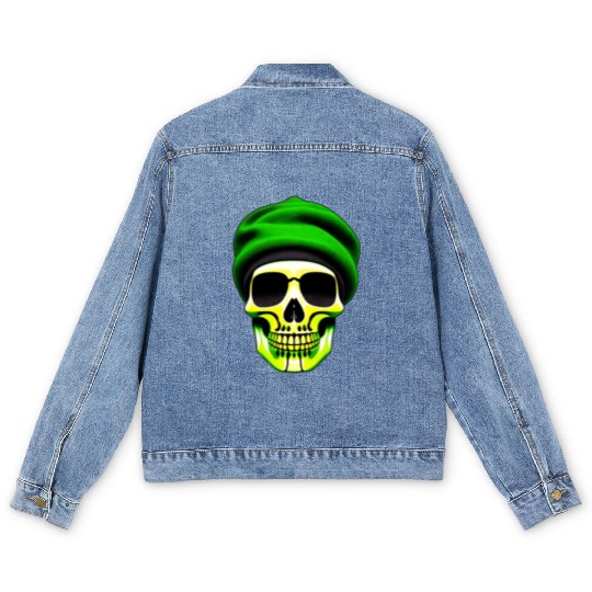 Green Skull Art Design with a Unique Twis Men's Denim Jackets