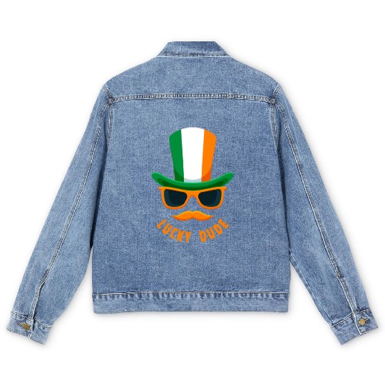 Lucky Dude, St Patricks Day, Irish, Boys T, mousta Men's Denim Jackets