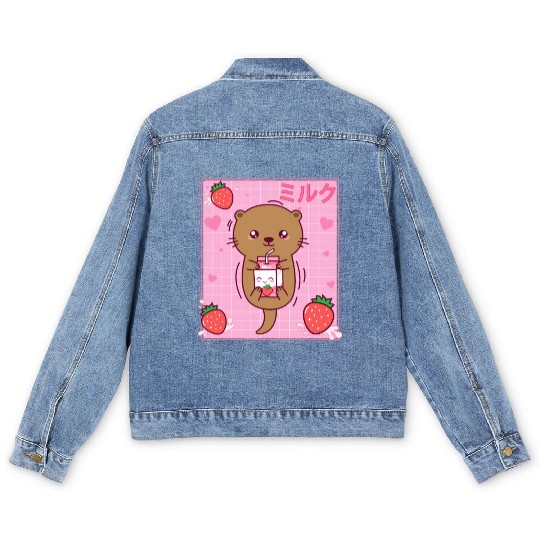 Kawaii Sea Otter Strawberry Milk Shake Otaku Men's Denim Jackets