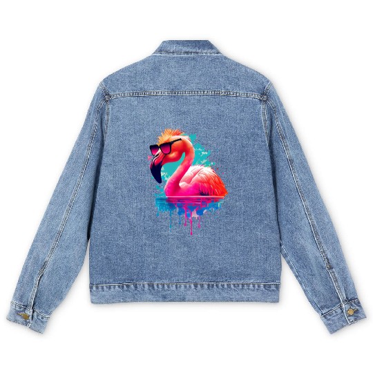 Retro Sunset Pink Flamingo Summer Design Flamingo Men's Denim Jackets