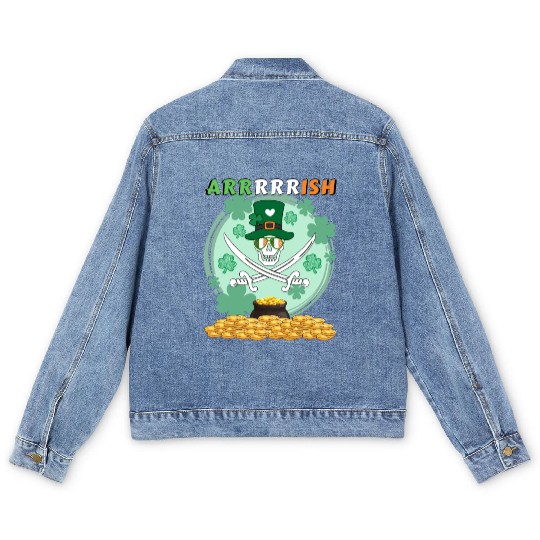 funny pirate theme for St. Patrick's Day arrrrrish Men's Denim Jackets