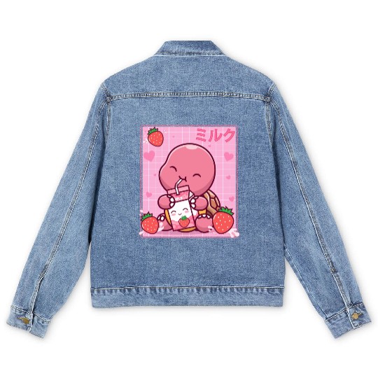 Kawaii Turtle Lover Strawberry Milk Shake Otaku Men's Denim Jackets