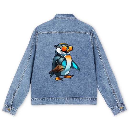Cool Winter Penguin with orange sunglasses Men's Denim Jackets