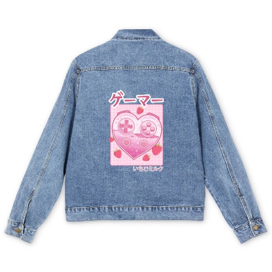 Video Gamer Japanese Kawaii Strawberry Milk Anime Men's Denim Jackets