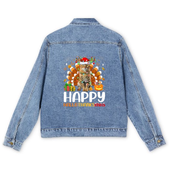 Cat Lover Halloween Christmas Happy Hallothanksmas Men's Denim Jackets