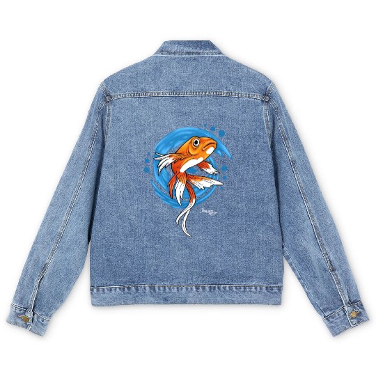 Carp Koi Fish on Blue waves green Men's Denim Jackets