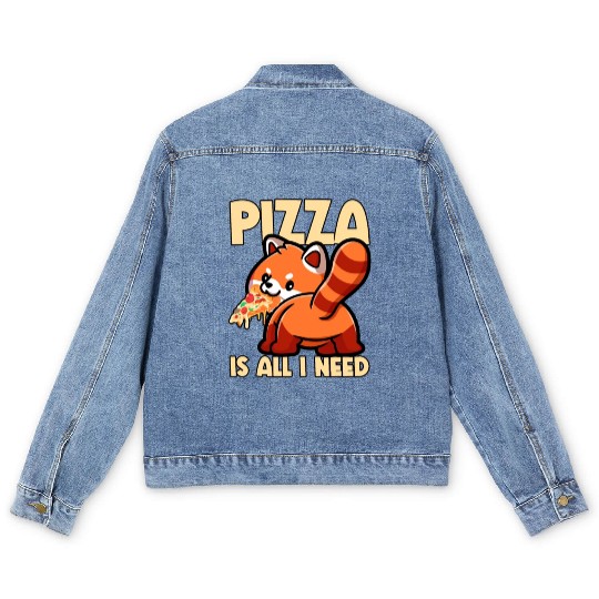 Cute Animal Red Panda Pizza Fan Eating Fast Food Men's Denim Jackets
