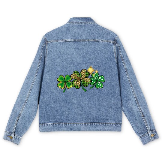 Happy Patricks Day With Leaf Green And Leopard Men's Denim Jackets