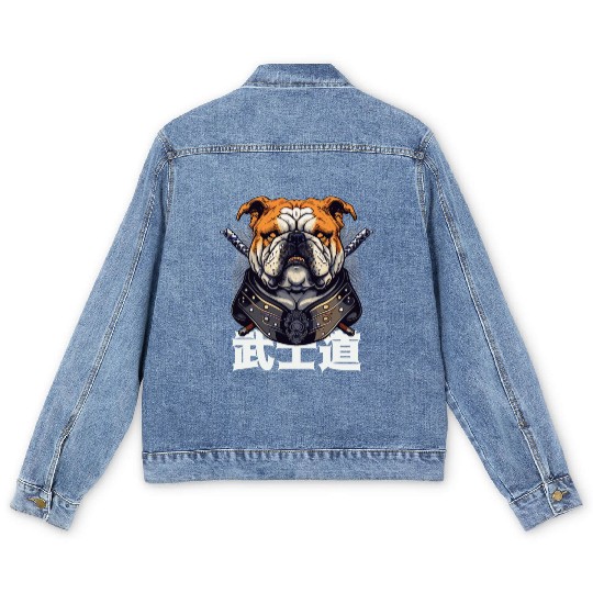 Japanese Samurai Bushido Bulldog Katana Pet Dog Men's Denim Jackets