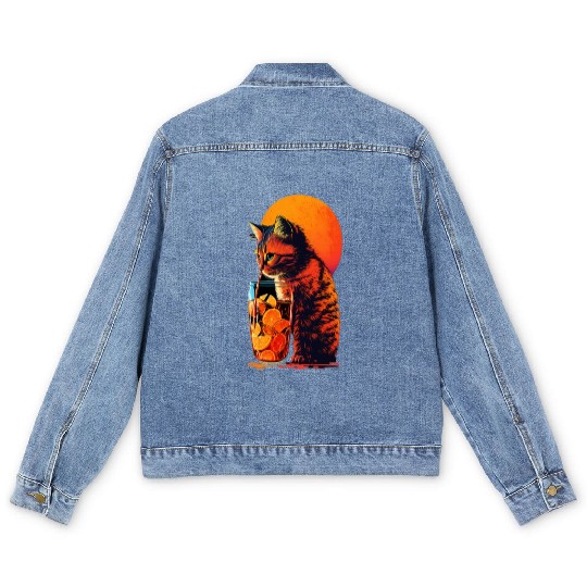 Funny Cat Drinking Cocktail Cat Lover Men's Denim Jackets