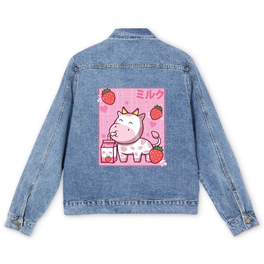 Kawaii Pink Strawberry Cow Milk Shake Otaku Anime Men's Denim Jackets