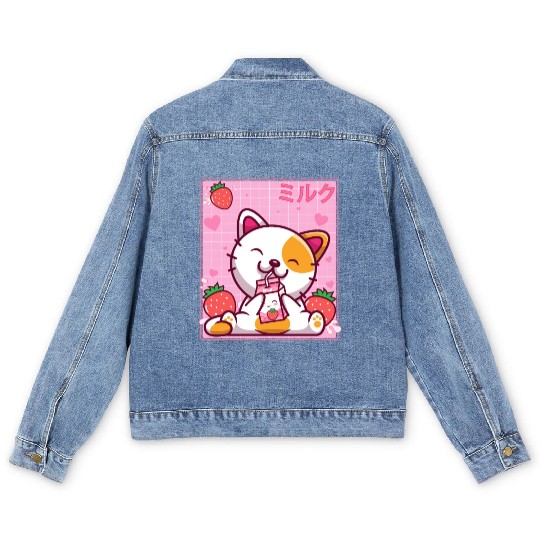 Kawaii Kitten Cute Cat Strawberry Milk Shake Men's Denim Jackets