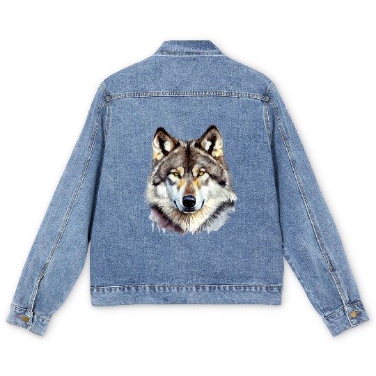 Watercolor Grey Wolf Portrait Men's Denim Jackets