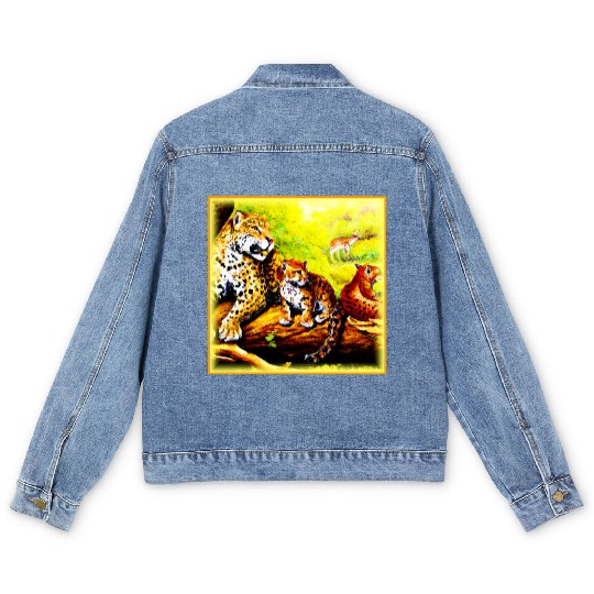 Jaguar Mom and Cubs Relaxing in Jungle. Buy Now Men's Denim Jackets