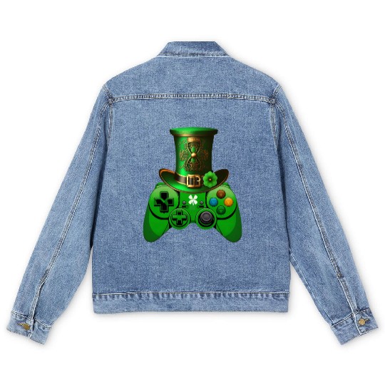 St Patricks Day Video Game Men's Denim Jackets | Gamer Leprechau