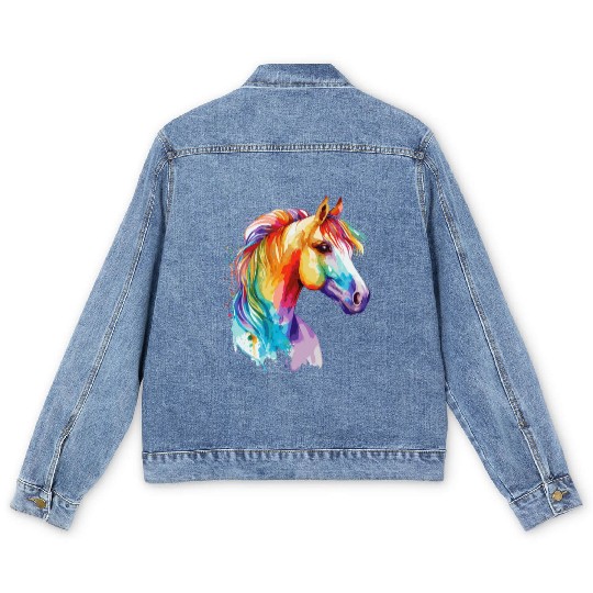 Watercolor Horse Pony Colorful Pet Ponys Lover Men's Denim Jackets