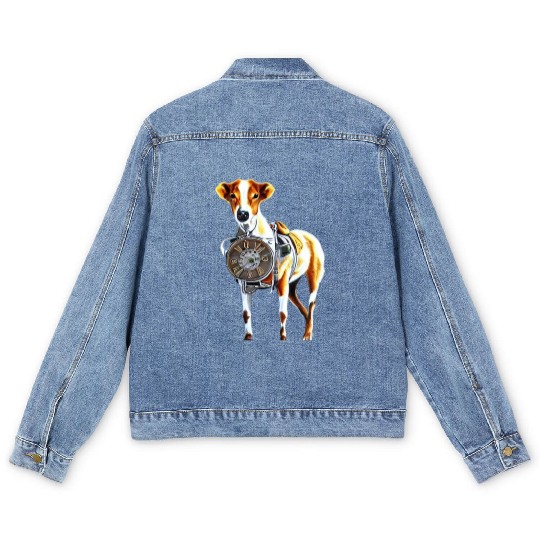 Brown White Greyhound Dog With Old Looking Clock Men's Denim Jackets