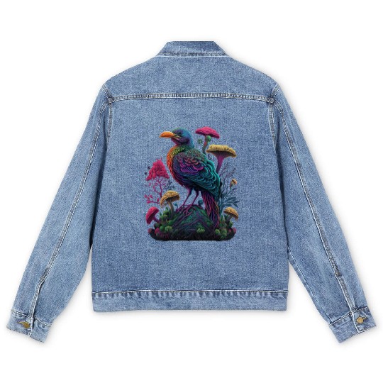 trippy patterns psychedelic Mushroom phoenix bird Men's Denim Jackets