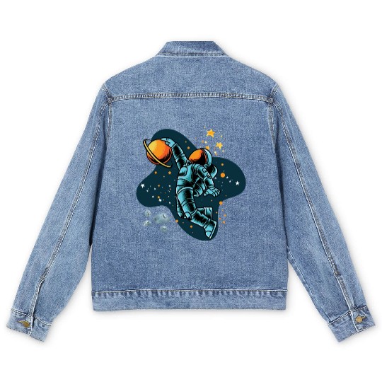 Blue and Orange illustrated Astronaut Galaxy Men's Denim Jackets