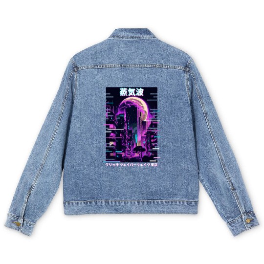 Retro Glitch Cityscape Vaporwave Futurism Tokyo Ae Men's Denim Jackets