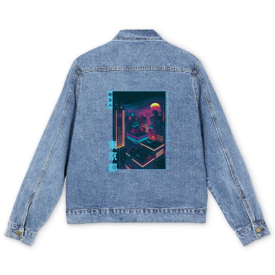 Retro Futurism Japanese Vaporwave City Tokyo Aesth Men's Denim Jackets