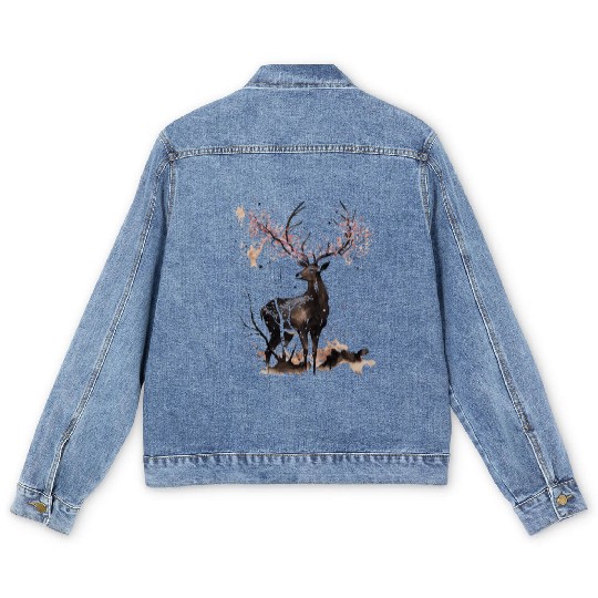 Deer Cherry blossoms Sakura tree Sumie Men's Denim Jackets
