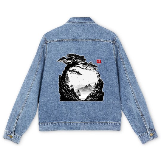 Japanese Zen Circle Landscape Buddhism Bonsai Tree Men's Denim Jackets