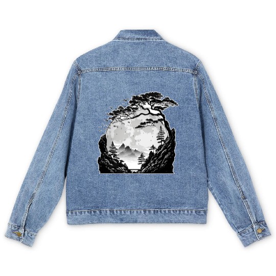 Japanese Mountain Landscape Gothic Full Moon Fores Men's Denim Jackets