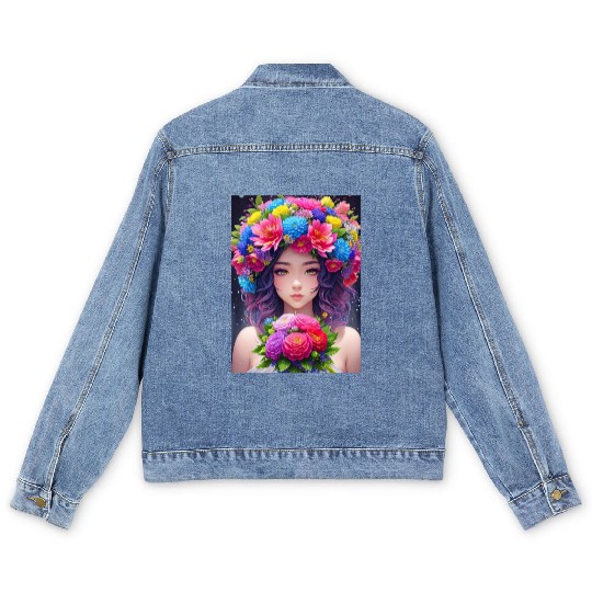 Spring Girl with a bouqet of flowers garland #5 Men's Denim Jackets
