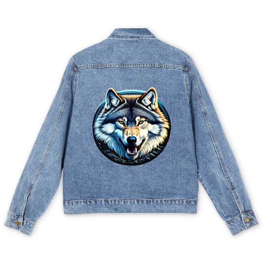 A fierce wolf howling at the moon Men's Denim Jackets