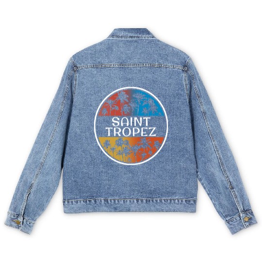 Saint Tropez Stylish Vacation Souvenir Palm Tree Men's Denim Jackets