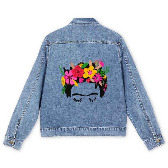 Frida Kahlo Illustration Floral Boho Style Mexican Men's Denim Jackets