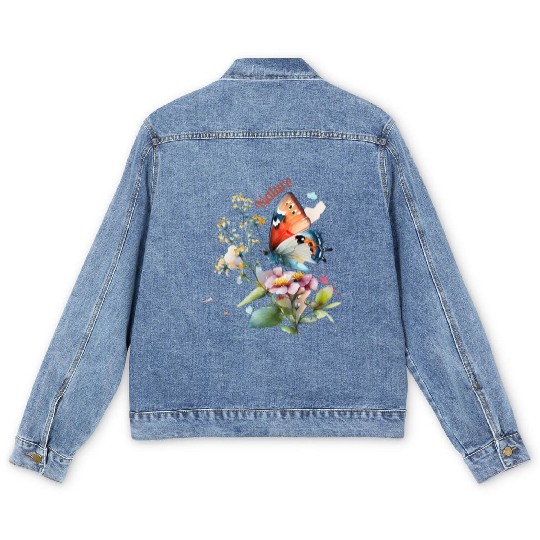 Nature and Butterflies - Watercolor Flowers Men's Denim Jackets