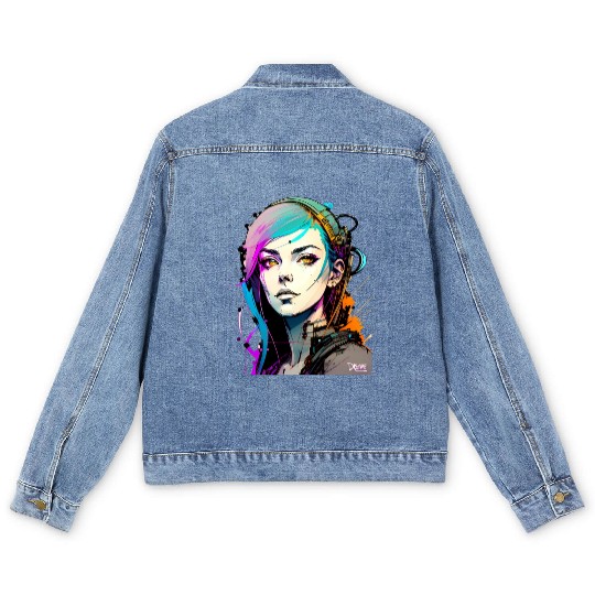 A Digital Diva Stunning Cyberpunk Beautiful Girl Men's Denim Jackets