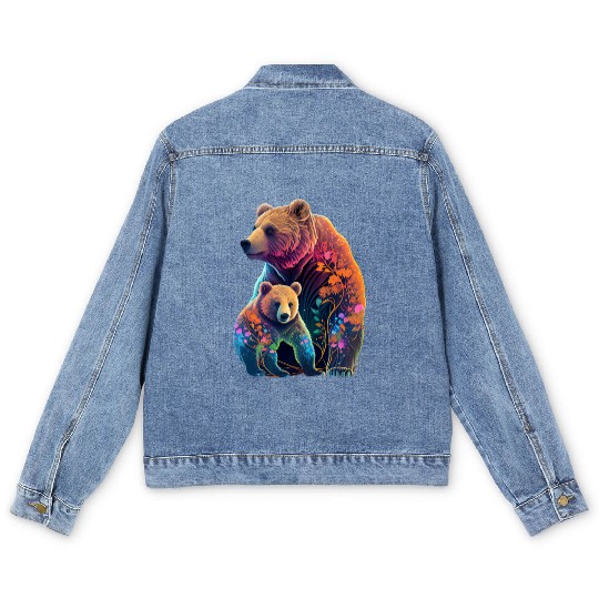 Mother Bear and Cub Sublimation Graphic Wild Life Men's Denim Jackets