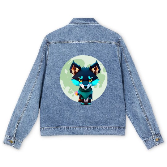 Cute Wolf Moon Graphic Men's Denim Jackets