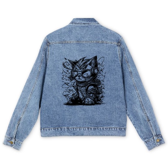 Little Cool Space Cat Splash Tattoo Style Men's Denim Jackets