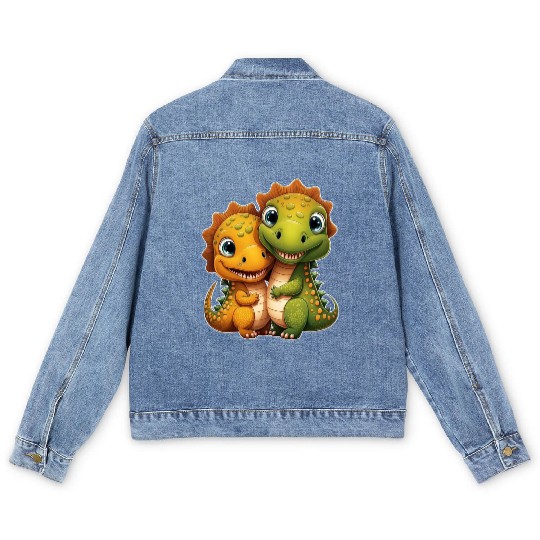 Cute dino dinosaur siblings brothers kids love Men's Denim Jackets