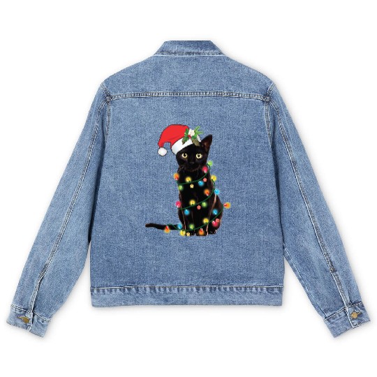 Black Santa Cat Tangled Up In Lights Christmas Men's Denim Jackets