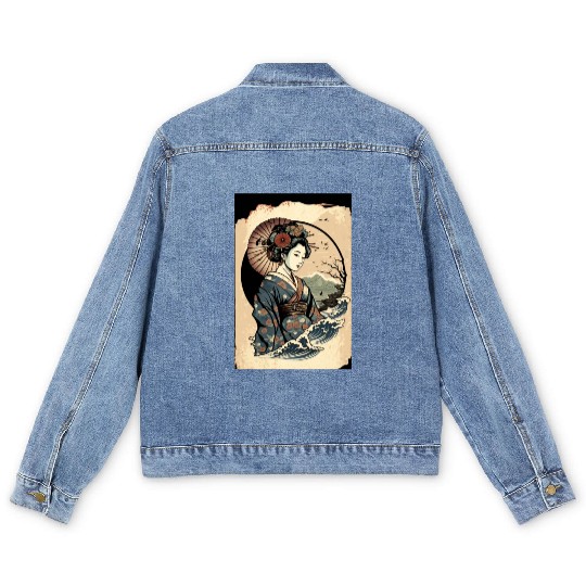 Geisha Watercolor Sea Waves Asian Art Woman Poster Men's Denim Jackets