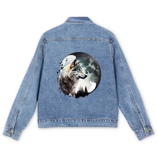 Wolf Moonlight Forest Wild Werewolf Watercolor 1 Men's Denim Jackets