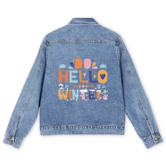 Cute Hello Winter with Snow and Fun Art Men's Denim Jackets
