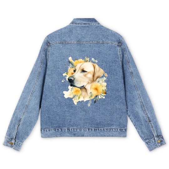 Yellow Lab Dog Watercolor Floral Men's Denim Jackets