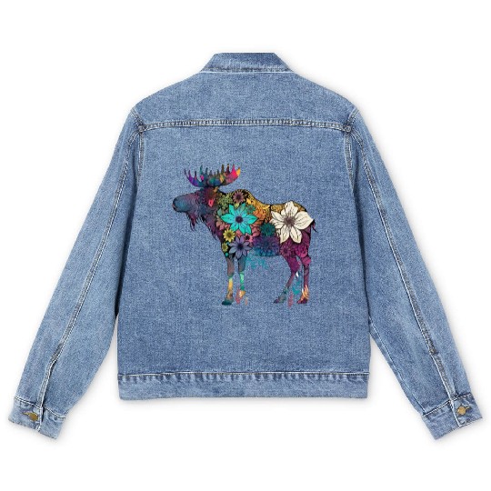 Floral Moose Elk Deer Wild Animal Watercolor Men's Denim Jackets
